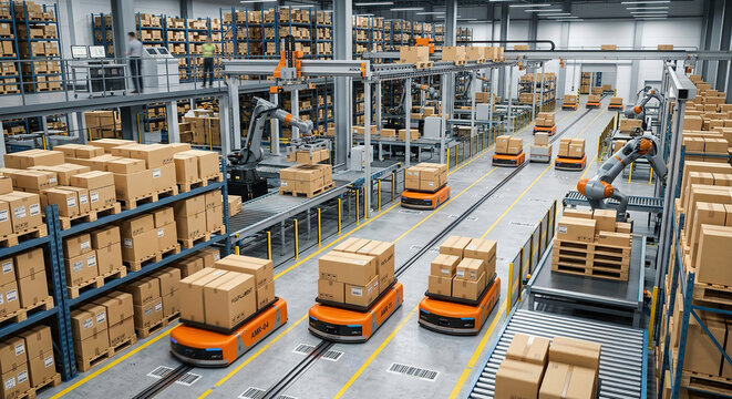 Automated Warehouse With Robots Carrying Goods On Racks