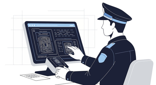 Police Officer Using Biometric Scanner and Computer for Security and Surveillance