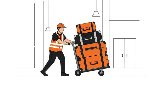 Porter Pushing Luggage Cart with Stacked Suitcases