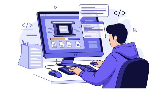 Programmer coding on computer, software development illustration, IT professional at desk