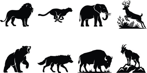 Obraz premium Set of black silhouettes representing wild animals including a lion cheetah elephant deer grizzly bear wolf bison and mountain goat
