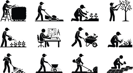 Obraz premium Set of black space silhouettes and astronomy vector illustrations featuring an astronaut walking on the moon, launching rockets, satellites, a planetary rover, and alien UFO encounters for image