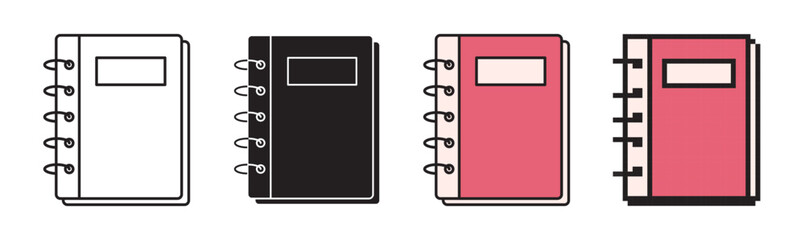 Spiral notebook vector icon set isolated on white. Collection of school stationery and office pad in minimalist line, solid silhouette, color fill, and retro pixel art style. © Tetiana
