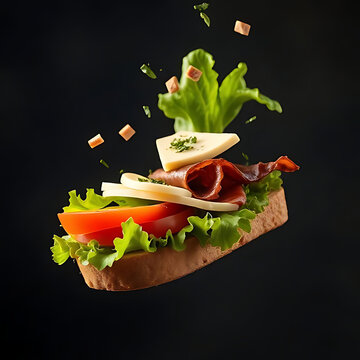 Open faced sandwich with ham cheese and vegetables food photography