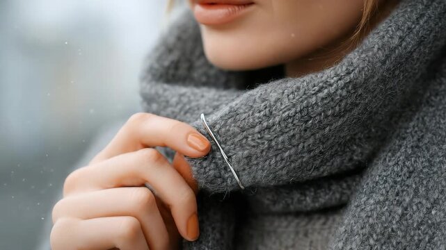 Close up of a woman gently holding a silver brooch on a cozy grey woolen scarf during a cold winter day. Stylish winter fashion accessories highlight elegance and warmth in seasonal outfits