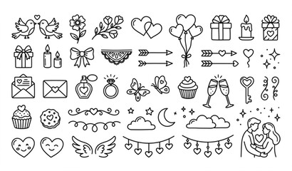 Obraz premium Romantic Valentine Outline Doodle Clipart Collection with Hearts Flowers and Love Icons Vector
