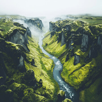 A winding river flows through a vibrant green, mossy canyon with rugged cliffs obscured by atmospheric mist