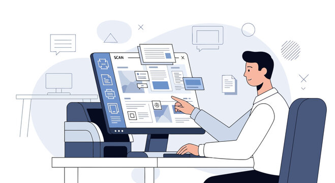Man working on computer, website design, office setup, digital project