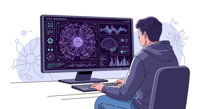 Man working on futuristic computer displays with brain and data analysis graphics.
