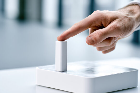 Finger calibrating white probe over test platform in laboratory, soft daylight and copy space