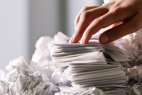 Receipt stack hand paper clip paper document sorting finance accounting office closeup white stack pile crumpled crumple minimal minimalist organization organize filing archive archive business