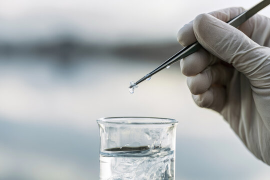 River pollution plastic fragment tweezers glove water sample beaker hand laboratory ecology research