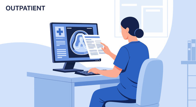 Medical professional reviews patient scan on computer screen, outpatient clinic setting