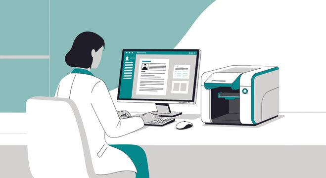 Medical Professional Working on Computer Next to Lab Equipment