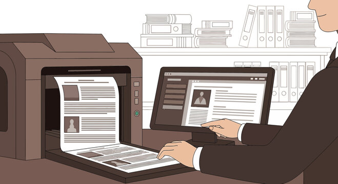 Office worker printing document from computer, professional at desk