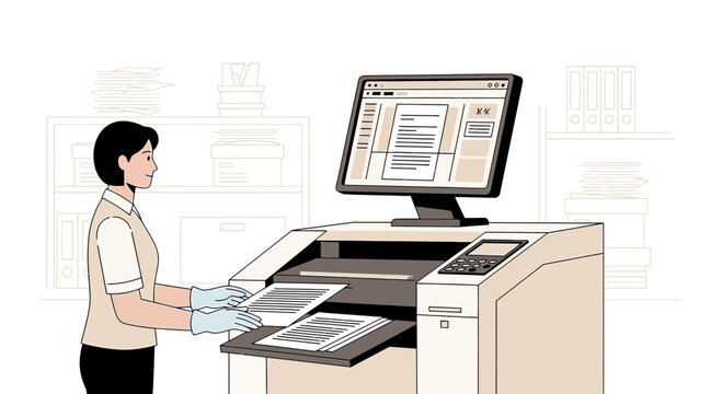 Office worker scanning documents with a modern scanner and computer. Document management.