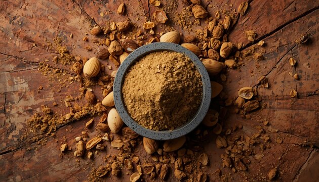Gourmet Utility Advertisement of Coarse Soapnut Powder on Weathered Red Brick