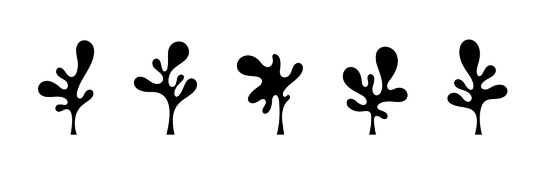 Set of abstract organic tree silhouettes in a modern minimal style. Hand drawn vector shapes for logos, branding, patterns, nature themes, stickers, packaging, and decorative designs.