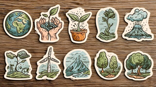 Earth Day eco stickers in retro cartoon style. environmental symbols: planet earth, hands, plant sprout, wind turbine, volcano, nature care and sustainability actions, global ecology protection