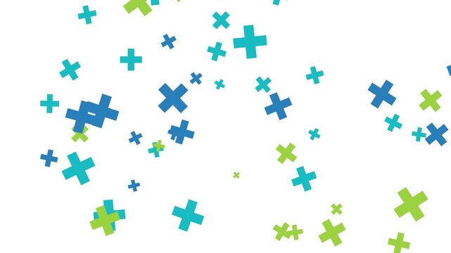 Abstract healthcare background animation featuring bright blue, green, and teal cross plus symbols floating dynamically on a clean white backdrop, perfect medical presentation loop
