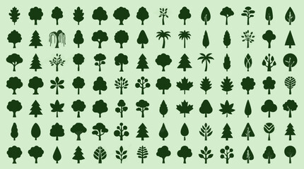 Set of diverse tree icons and silhouettes on a light green background © TRSTOCK
