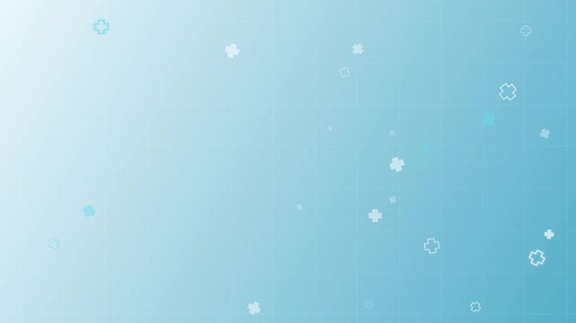 Clean medical background animation featuring white cross plus symbols floating gently over a light blue gradient grid backdrop, perfect minimalist healthcare presentation loop