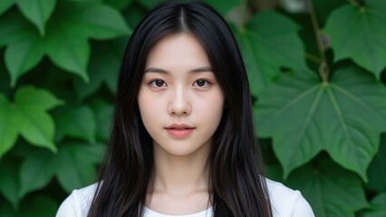 Fototapeta premium Youthful Serenity Amidst Greenery: A close-up portrait of a young East Asian woman with long, dark hair, gazing calmly forward, framed by lush green foliage.