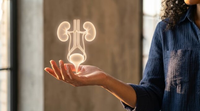 person holding glowing urinary system hologram for urology and kidney health medical concept.
