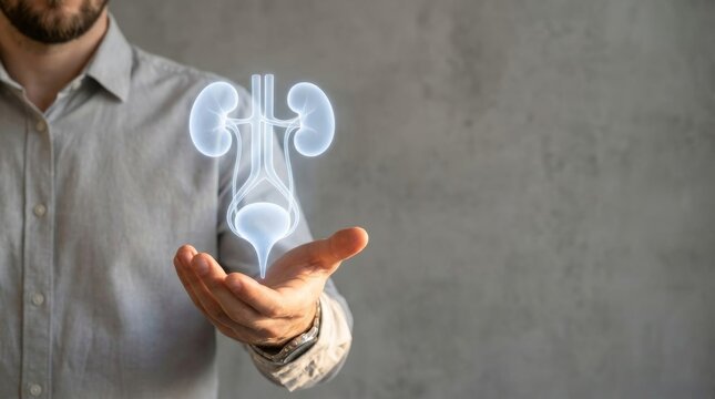 person holding glowing urinary system hologram for urology and kidney health medical concept.