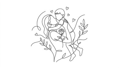Obraz premium Elegant Mother and Child Line Art with Rose Hand Drawn Vector for Mothers Day