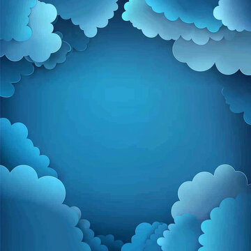 Artistic blue cloudscape with papercut-style clouds framing a tranquil sky, featuring various deep blue tones and soft shadows