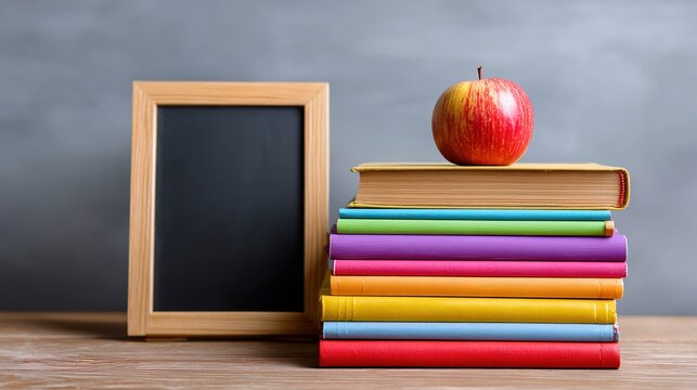 Colorful books with apple and chalkboard on wooden desk for education