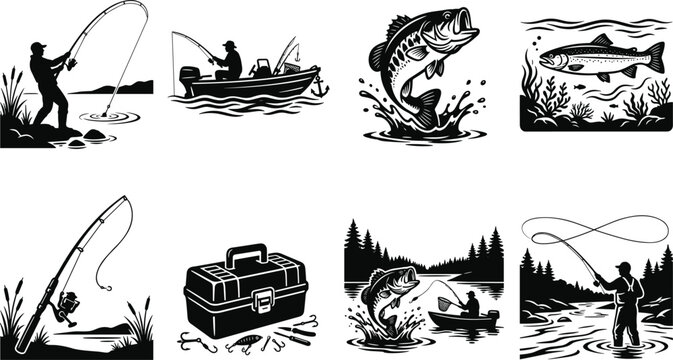 Sport fishing and angling vector silhouette set featuring fishermen boats largemouth bass trout tackle box fly fishing and rods