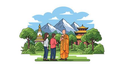 Flat style vector illustration of Buddhist monk warmly greeting visitors near a traditional temple. Perfect for tourism, cultural education, hospitality and spiritual themes © Amie