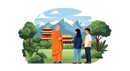 Flat style vector illustration of Buddhist monk warmly greeting visitors near a traditional temple. Perfect for tourism, cultural education, hospitality and spiritual themes © Amie