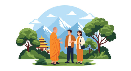 Flat style vector illustration of Buddhist monk warmly greeting visitors near a traditional temple. Perfect for tourism, cultural education, hospitality and spiritual themes © Amie