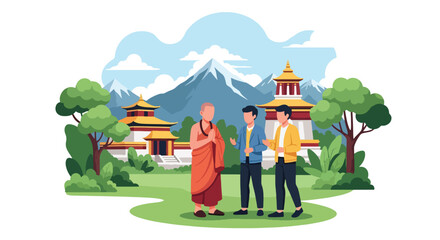 Flat style vector illustration of Buddhist monk warmly greeting visitors near a traditional temple. Perfect for tourism, cultural education, hospitality and spiritual themes © Amie