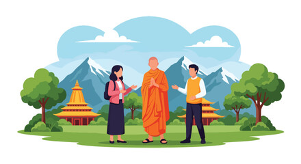 Flat style vector illustration of Buddhist monk warmly greeting visitors near a traditional temple. Perfect for tourism, cultural education, hospitality and spiritual themes © Amie