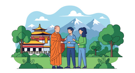 Flat style vector illustration of Buddhist monk warmly greeting visitors near a traditional temple. Perfect for tourism, cultural education, hospitality and spiritual themes © Amie