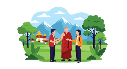 Flat style vector illustration of Buddhist monk warmly greeting visitors near a traditional temple. Perfect for tourism, cultural education, hospitality and spiritual themes © Amie