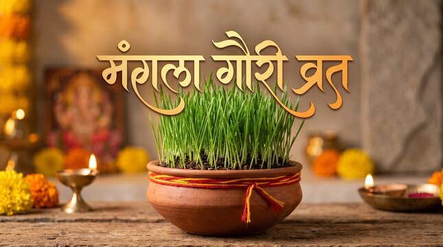 Mangla Gauri Vrat Hindi Calligraphy with Fresh Green Jaware in Sacred Terracotta Pot