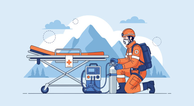 Paramedic with Oxygen Tank and Stretcher Ready for Mountain Rescue
