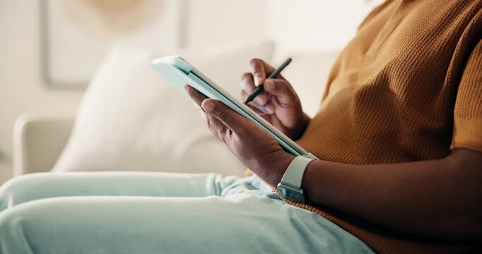 Man, hands and drawing in home with tablet, remote work and graphic designer for creative campaign. Person, stylus and tech in house with freelance job, online project and planning for logo design.