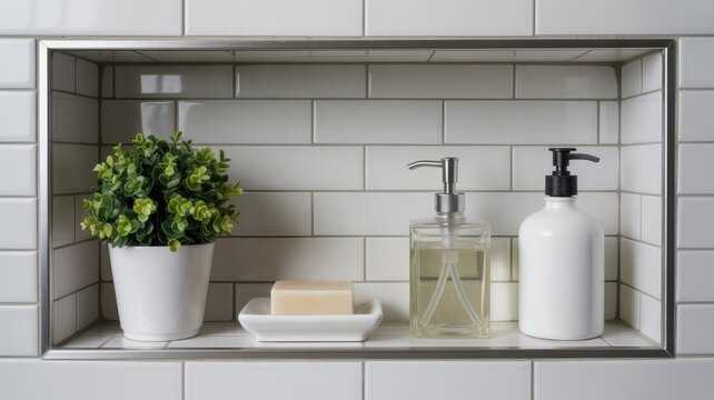 Built-in bathroom wall niche with white subway tiles containing soap and shampoo dispensers