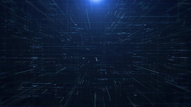 Technology digital cyberspace data storage network simulation platform. Futuristic blue 3d layer of grid, hud interface system 4K motion background.