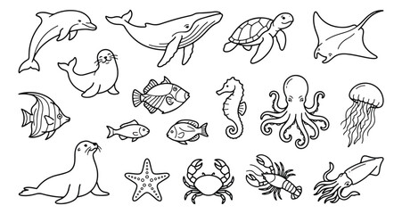 Hand-drawn sea animal vector icons, minimalist black outline ocean life collection, 18 underwater creature illustrations for coloring and education © Muhammad
