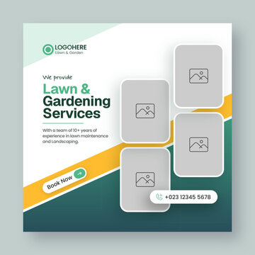 Lawn care and landscaping service social media post template with image placeholders