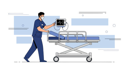 Fototapeta premium Nurse Pushing Hospital Bed with Patient and Medical Equipment in Motion