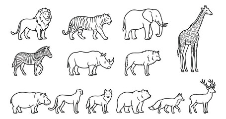 Minimalist wild animal line art collection, 14 black and white safari and forest animal icons, simple outline vector set for coloring books © Muhammad