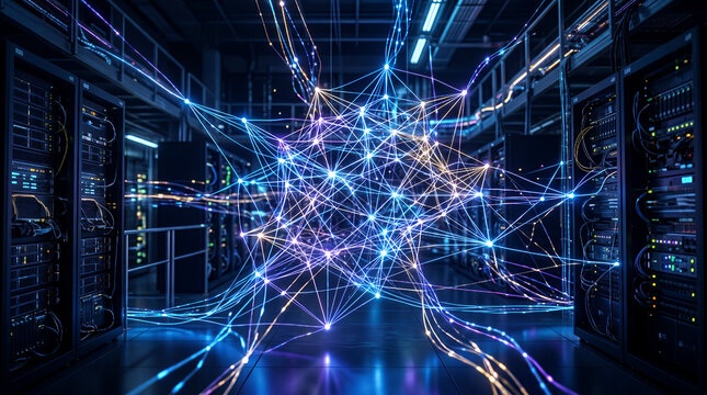 Server room network nodes illuminate the dark facility as fiber optic cables connect deep learning clusters in a complex visualization of artificial intelligence and cloud computing storage.